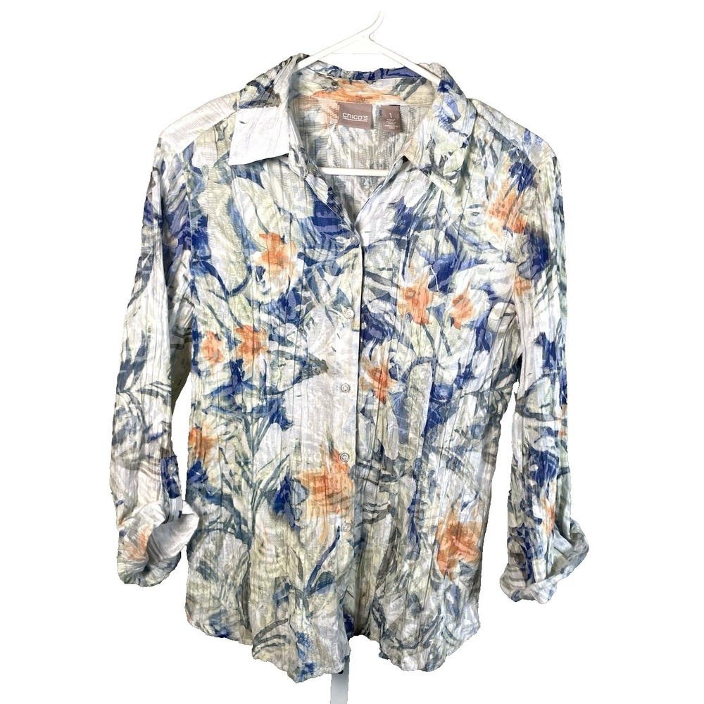 Chico's 1 Button Up Shirt Medium Top Floral Boho‎ Cottagecore Chic Artsy 8 10